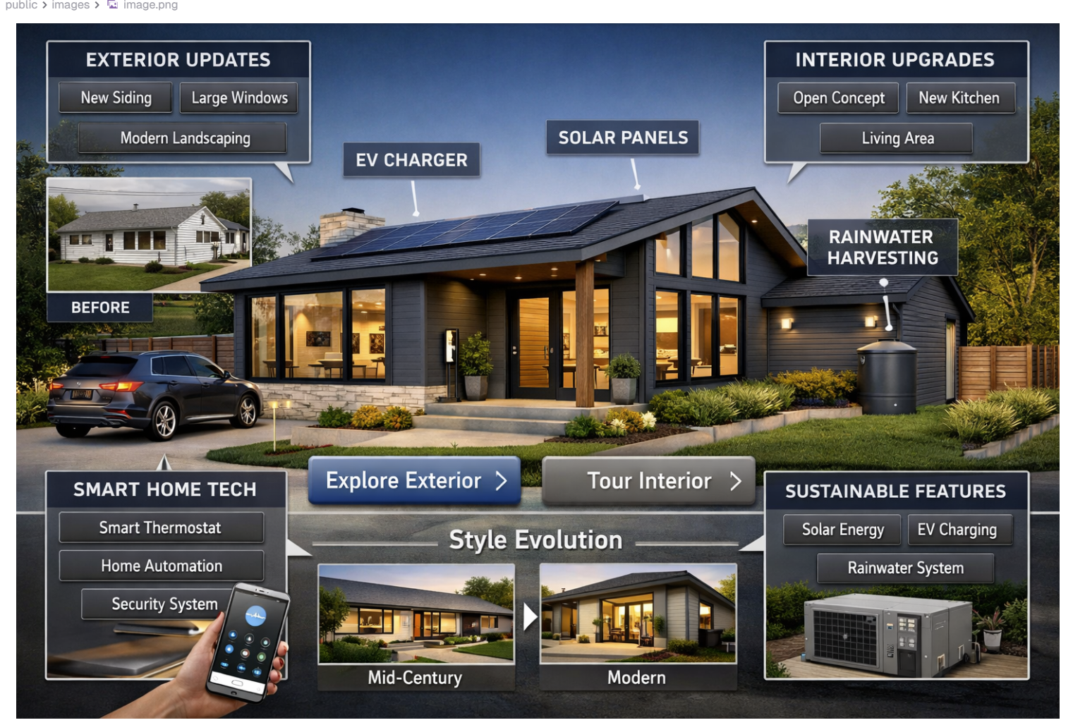 Modern home renovation visualization showing exterior improvements